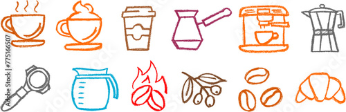  Coffee Related Icons Chalk Crayon Drawing