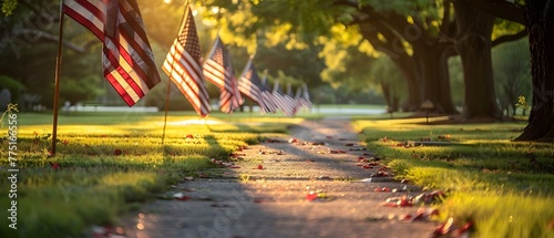 Honoring Fallen Heroes: Rows of American Flags at Military Cemetery on Memorial Day. Concept Patriotic Tributes, Memorial Day, Military Cemetery, American Flags, Fallen Heroes photo