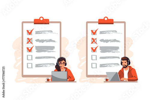 Survey concept. Feedback from customers or opinion form. Client answers understanding with professional research team. Characters filling survey form.