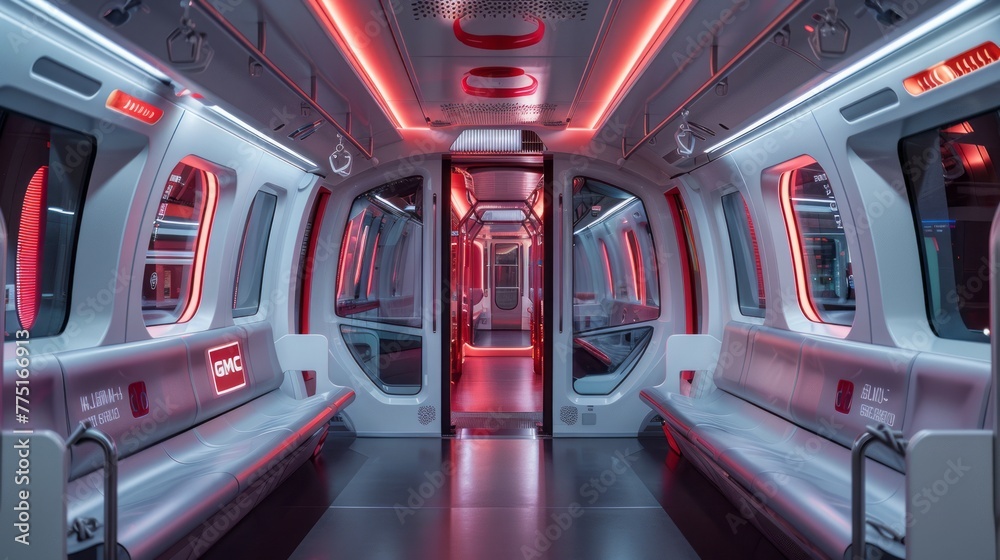 A train car with red lights and a sign that says 