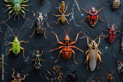 On a dark background there are insects of different types, multi-colored beetles.
