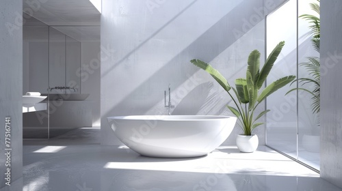 A large white bathtub sits in a bathroom with a large window and a potted plant