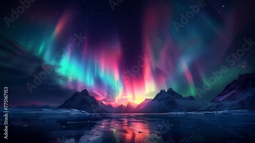 Vibrant northern lights in night sky, ultra detailed long exposure aurora borealis photography photo