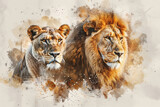 Lion and Lioness Watercolor Artwork