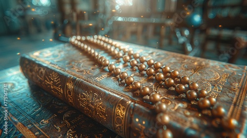 Rosary Beads Draped Over a Weathered Prayer Book The beads and text blur together