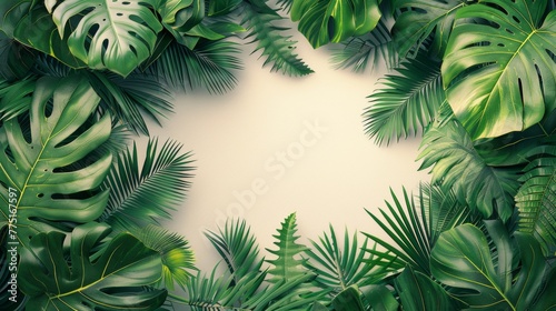 White frame on a background of tropical green leaves with place for text  invitation or banner