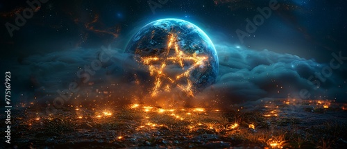 Wiccan Pentacle Embraced by a Circle of Natures Elements The starry symbol blurs into the earth