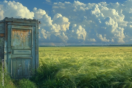 A mysterious door stands alone in a field of lush grass, inviting curiosity and wanderlust in this surreal painting.