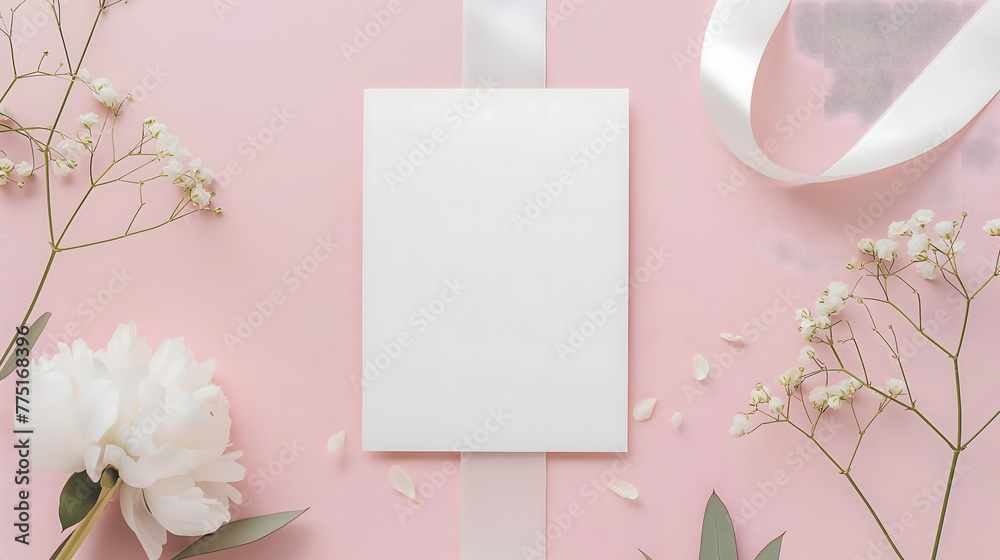Elegant White Flowers and Blank Card on Pink Background