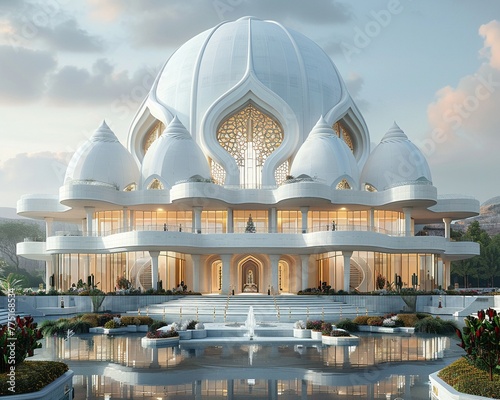 Bahai House of Worship Dome Rising into Soft Skies The temples form blurs upward photo