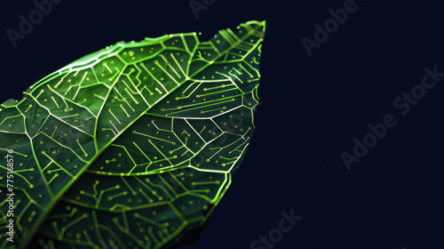 Macro view of a leaf featuring a detailed pattern of green glowing circuit lines, blending nature and tech photo