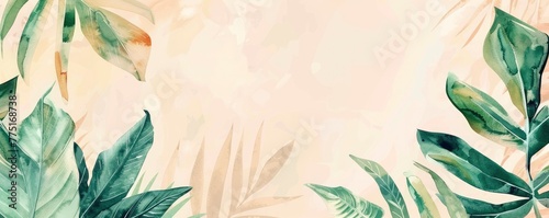 a pastel peach and green watercolor tropical leaves border on beige background, flat design