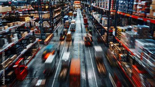 worker warehouse managing boxes in motion blur a distribution warehouse  conveyor belt stretching across the scene, lined with neatly arranged cardboard box packages