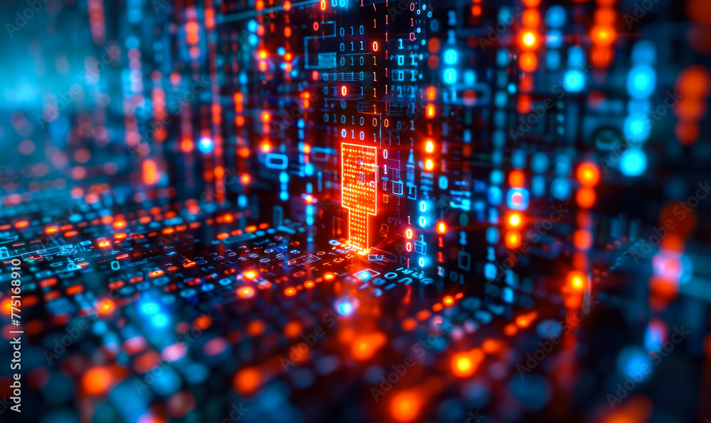 Illuminated Binary Code Fortress on Digital Plane, Signifying Robust Digital Asset Security and Data Encryption Methods