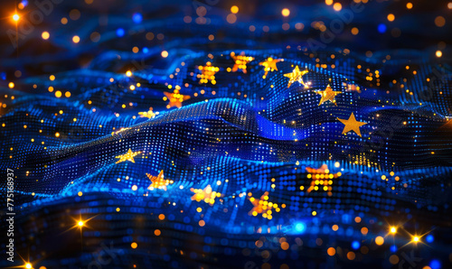 Shimmering European Union flag made of abstract flowing blue particles and golden stars, representing digital connectivity, innovation and unity across Europe in the cyber age © Bartek