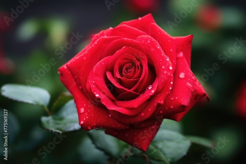 Close-up of a vibrant red rose with dew drops  nestled in a lush garden setting. Dew-Kissed Red Rose in Lush Garden