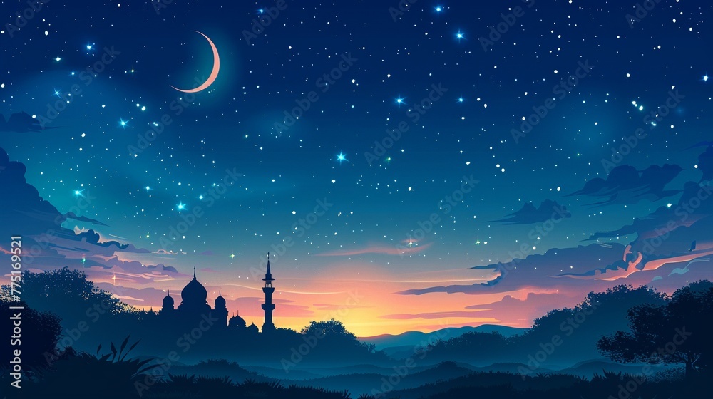 Naklejka premium The holy month of Ramadan, observed by Muslims with fasting, prayer, and reflection The crescent moon signals the start of this time of spiritual renewal