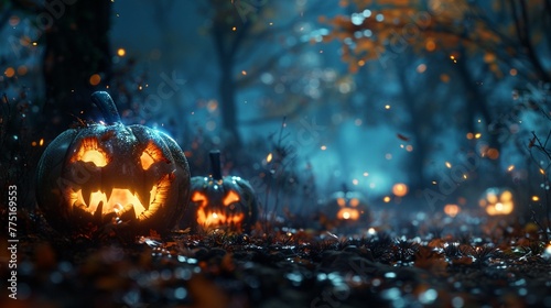A spooky Halloween night scene with pumpkins glowing eerily in the autumn darkness Haunted decorations and costumes add to the festive fear, making it a night of thrilling tales and sweet treats