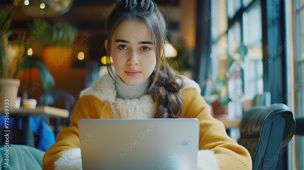 Young girl working on laptop, girl freelancer or student with laptop in cafe at table looking in camera Young girl working on laptop, girl freelancer or student with laptop in cafe at table looking in camera