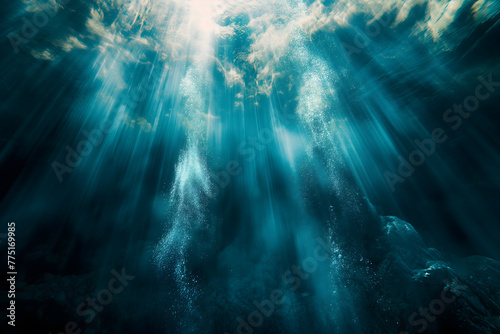 Mysterious Underwater Seascape with Rays of Light Penetrating the Depth © slonme