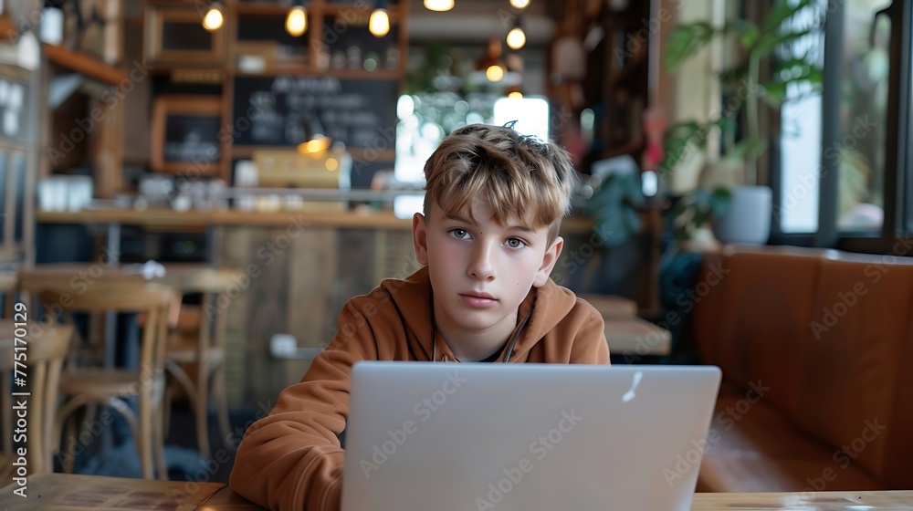 Young boy working on laptop, boy freelancer or student with laptop in cafe at table looking in camera Young boy working on laptop, boy freelancer or student with laptop in cafe at table looking in camera