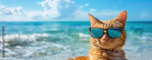 relaxing cat on the beaches of a wonderful ocean, carrying stylish sunglasses, summer day © MSTSANTA