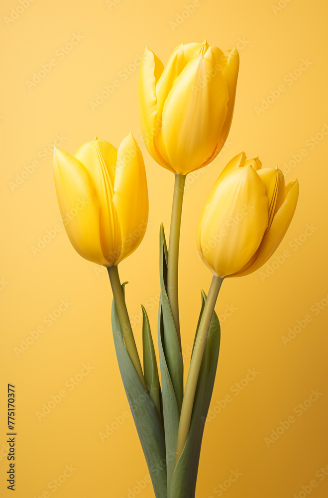 three yellow tulips on a yellow surface, in the style of bold color palate сreated with Generative Ai three yellow tulips on a yellow surface, in the style of bold color palate сreated with Generative Ai