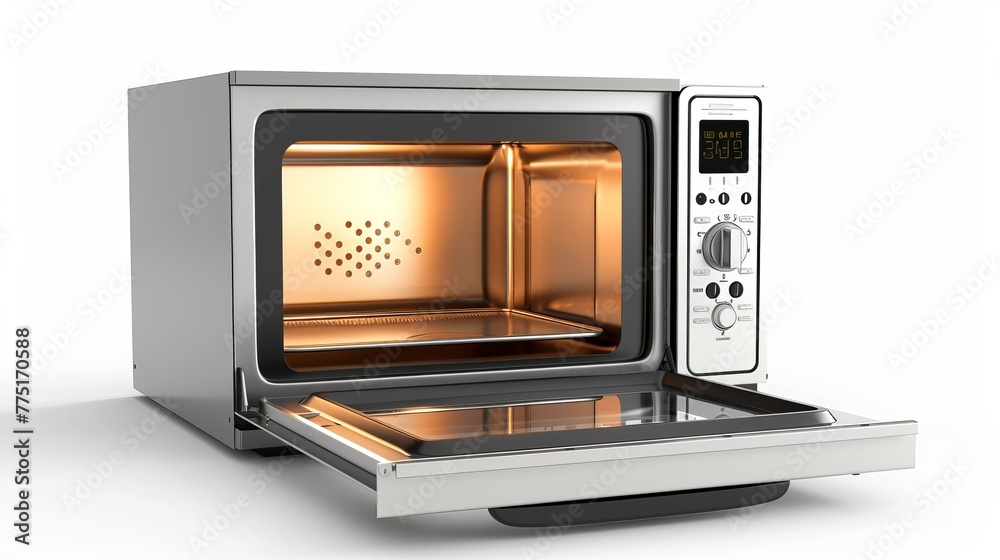 Fototapeta premium Modern Stainless Steel Oven with Open Door and Illuminated Interior Featuring a Digital Control Panel