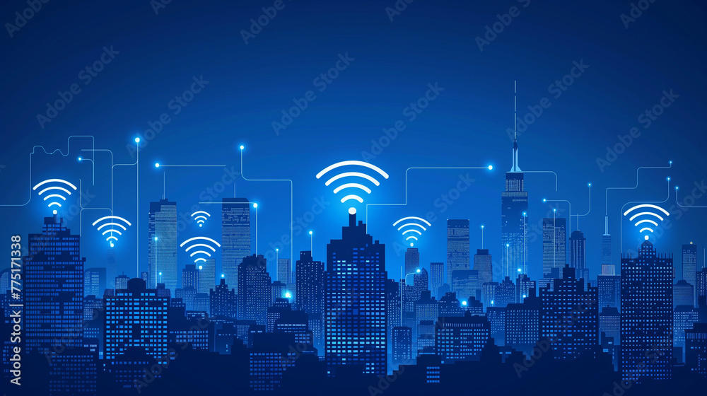 City with wireless network connection and city scape concept. Wireless network and Connection technology concept with city background at night.