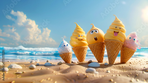 Fruit ice creams on beach with a blue sky background and sand 