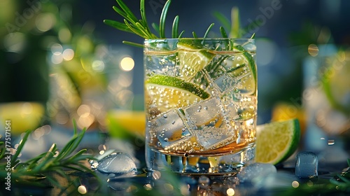 a classic gin and tonic on a sophisticated navy blue background, with a wedge of lime and a sprig of fresh rosemary, in breathtaking 8k full ultra HD.