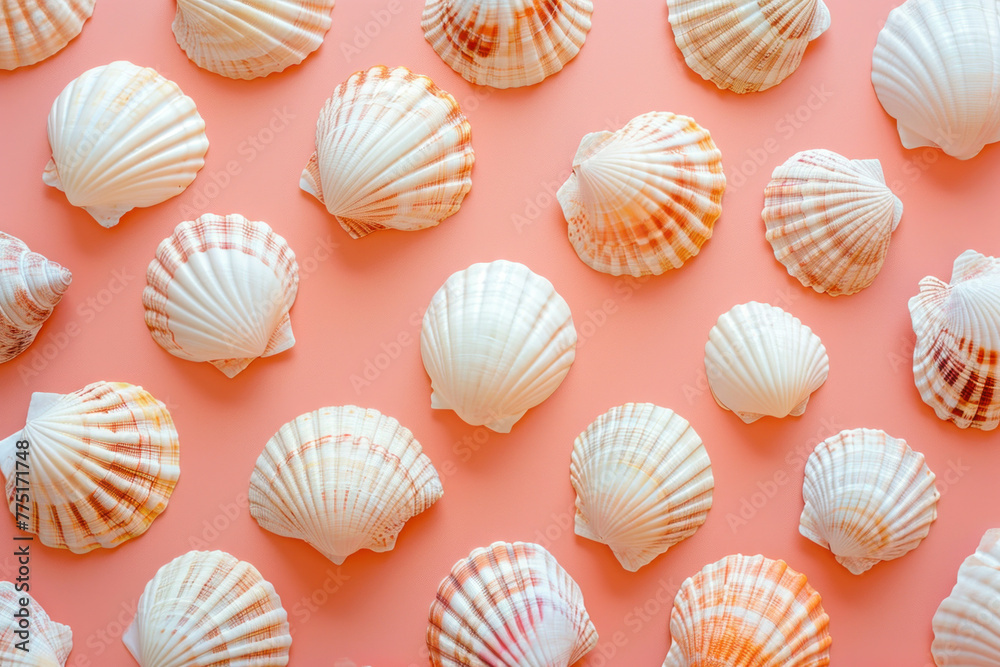 Beautiful collection of various seashells on a soft pink background, arranged neatly in a top view flat lay composition