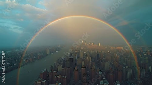 A rainbow arching over a city skyline