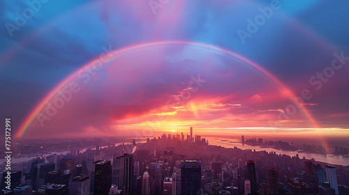 A rainbow arching over a city skyline