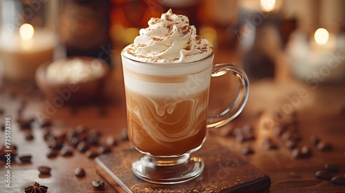 a creamy Irish coffee on a warm chestnut background, with a swirl of whipped cream and a sprinkle of nutmeg, in cinematic 8k resolution.