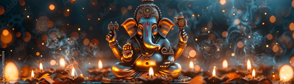 Fototapeta premium Ganesha Idol Serenely Sitting Among Diwali Lights