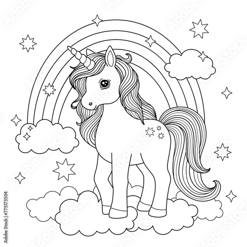 Outline of beautiful cartoon unicorn among rainbow clouds stars. Cute horse coloring book for kids, sketch, black lines on white. Simple vector illustration.
