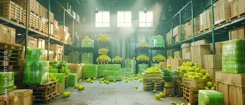 A cluttered warehouse filled with lime green recalled goods in cardboard boxes wood pallets and containers. Concept Warehouse, Recalled Goods, Lime Green, Cardboard Boxes, Wood Pallets photo