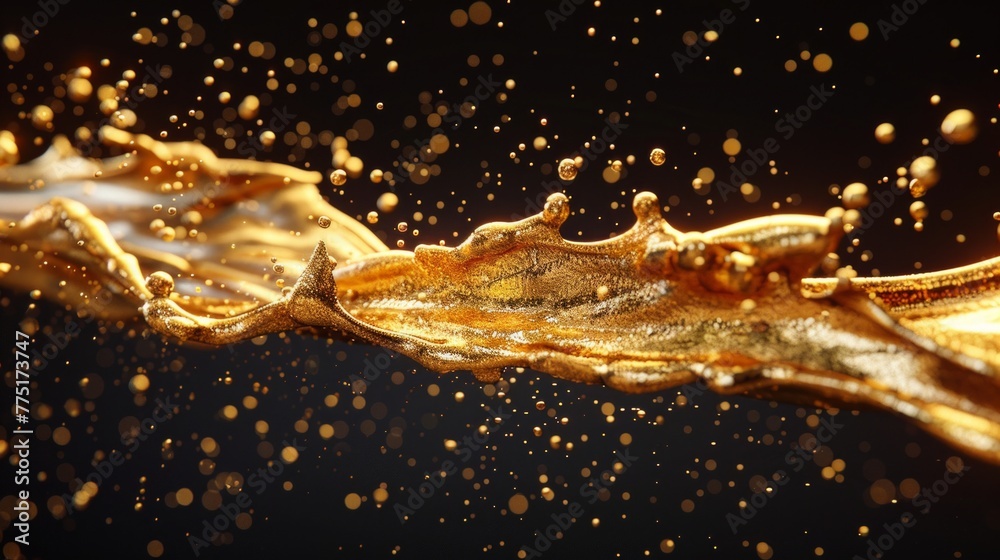 A mesmerizing cascade of golden liquid splashes against a stark black background, creating a stunning contrast of colors in motion. A mesmerizing cascade of golden liquid splashes against a stark black background, creating a stunning contrast of colors in motion.