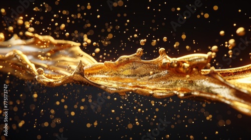A mesmerizing cascade of golden liquid splashes against a stark black background, creating a stunning contrast of colors in motion.
