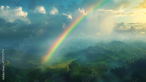 A rainbow arching over a valley after a summer rain