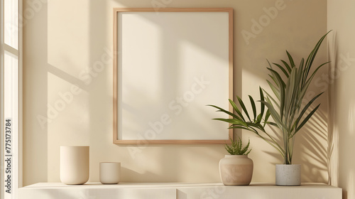 Minimalist Interior Design with Empty Frame and Indoor Plants