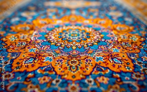 A detailed perspective of a Persian rug, highlighting the rich texture and color saturation, ideal for background or texture use.