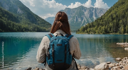Back view of a woman standing alone near a river and big mountains.