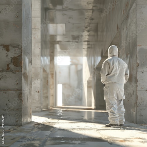 3D portrayal of a solitary construction worker in a dust mask, surveying an unfinished building, 3D illustration