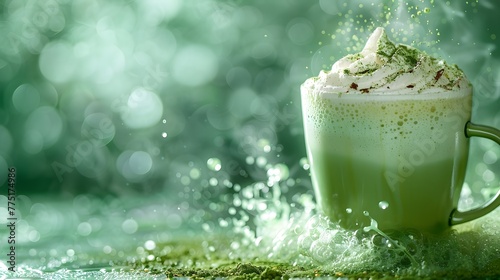 a frothy matcha latte on a serene jade green background, with a sprinkle of matcha powder and a swirl of foam, in breathtaking 8k resolution.