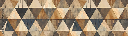 A wood grain patterned wall with triangles. The pattern is made up of different shapes and sizes of triangles
