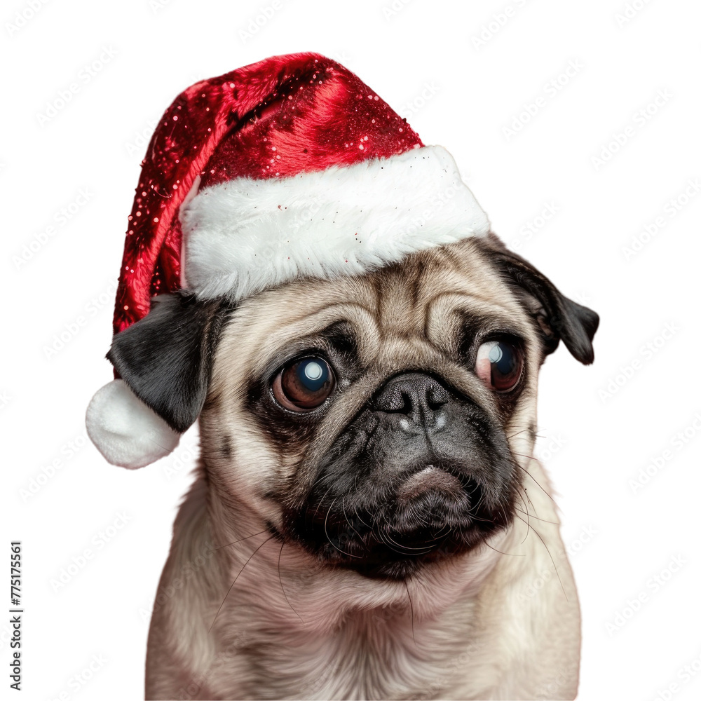 Pug dog in santa hat on Transparent Background