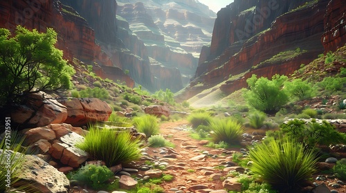 A ribbon of green vegetation winding through the canyon floor