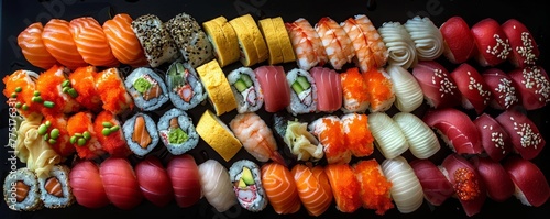 Sushi variety on black surface featuring nigiri, rolls, and sashimi with exquisite toppings